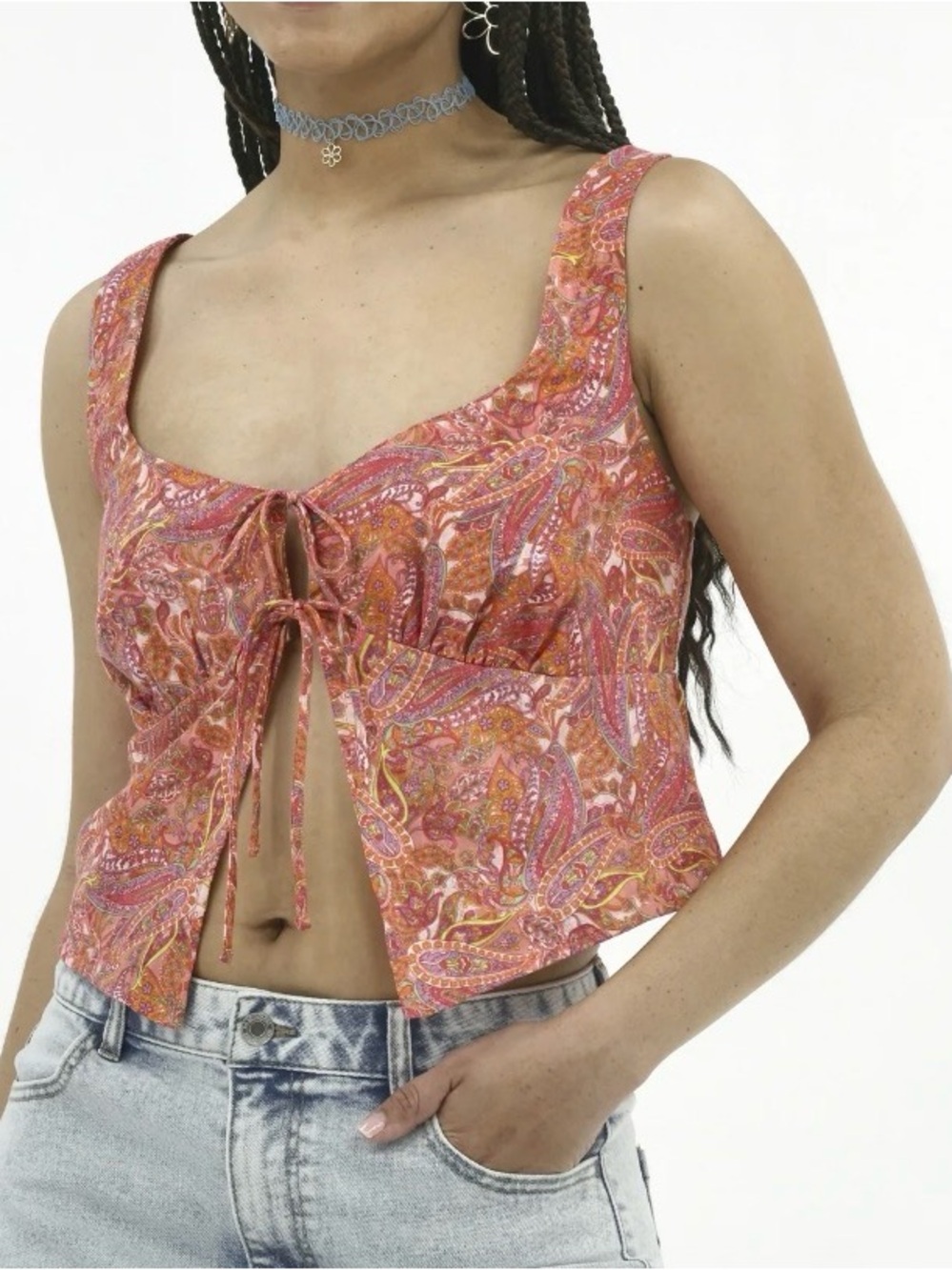 NWT Sz M No Boundaries Tie-Front Woven Cotton Top Women's Festival Crop Boho